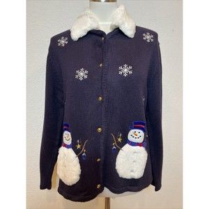 Crystal Kobe Fur Collar Snowman Embroidery Navy Button Front Sweater Car…